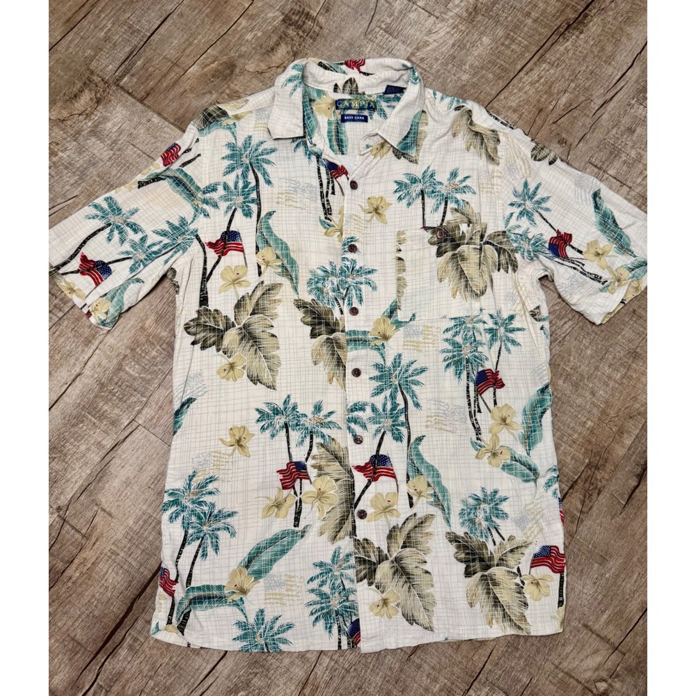 Campia Mens Medium Rayon Tropical Palm Tree American Flag Button Down Shirt